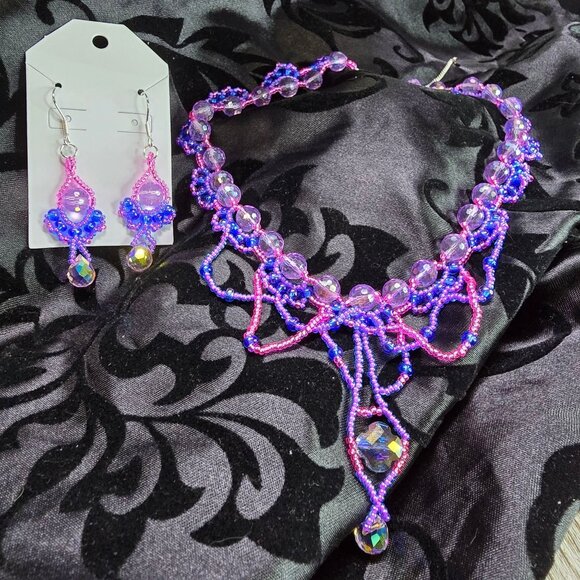 Handmade Jellyfish inspired 925 Sterling Silver Necklace Earring Set Purple/Pink - Picture 8 of 12